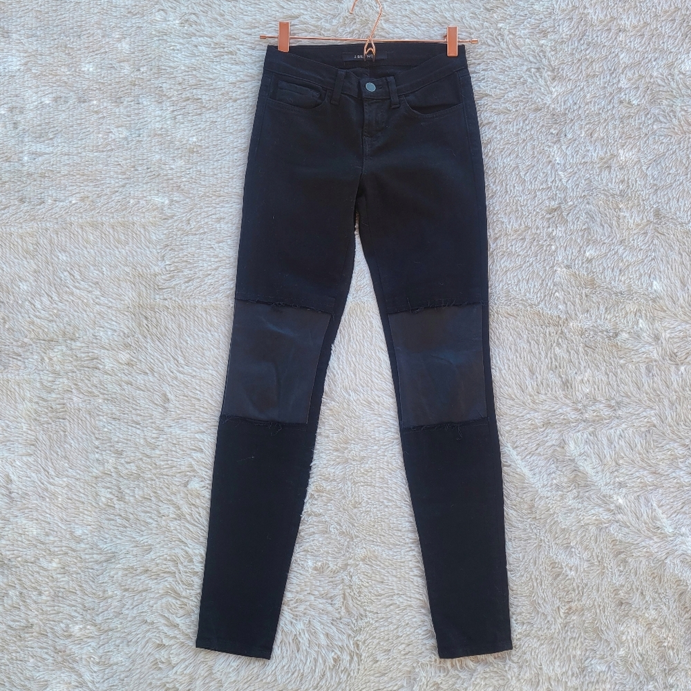 J Brand Black Vicious Lambβ Leather Patch Skinny Jeans